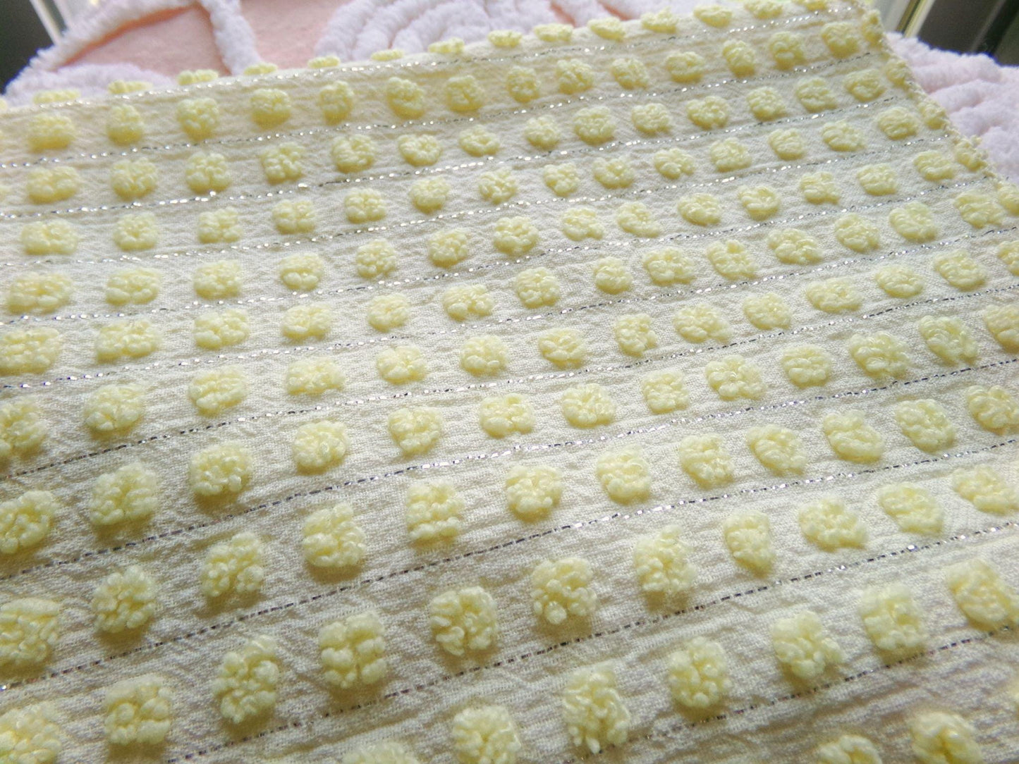 cheery cute yellow pops vintage chenille fabric, nubby dots & silver lurex, 18" x 24" cut piece of sewing material for quilting, crafts