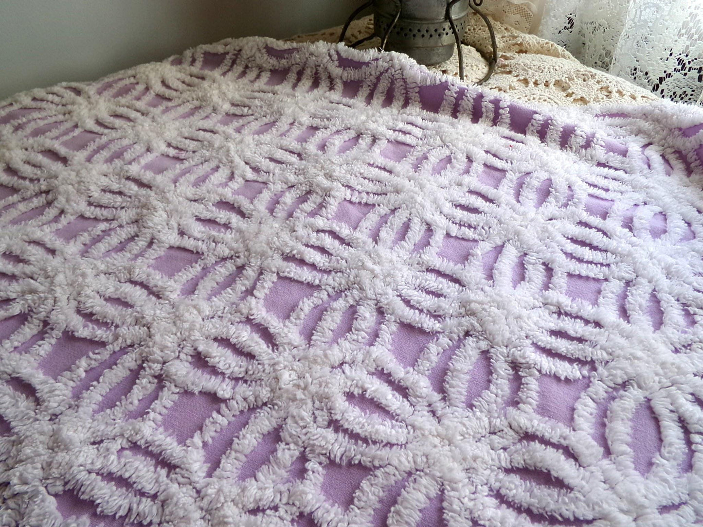 Vintage Lilac Chenille Fabric, White Spider Tufted Pattern, 18" x 24" Piece