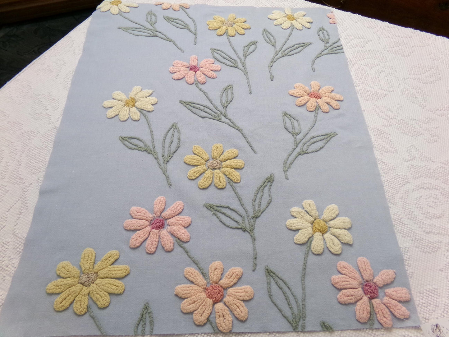 Scattered Daisies Vintage Chenille Bedspread Fabric, Shabby Blue Sewing Material, 19" x 25"