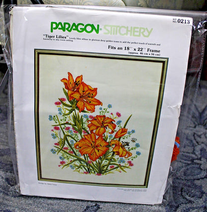 TIGER LILIES Vintage Crewel Embroidery Kit Boho Lily Floral Paragon Stitchery 0213