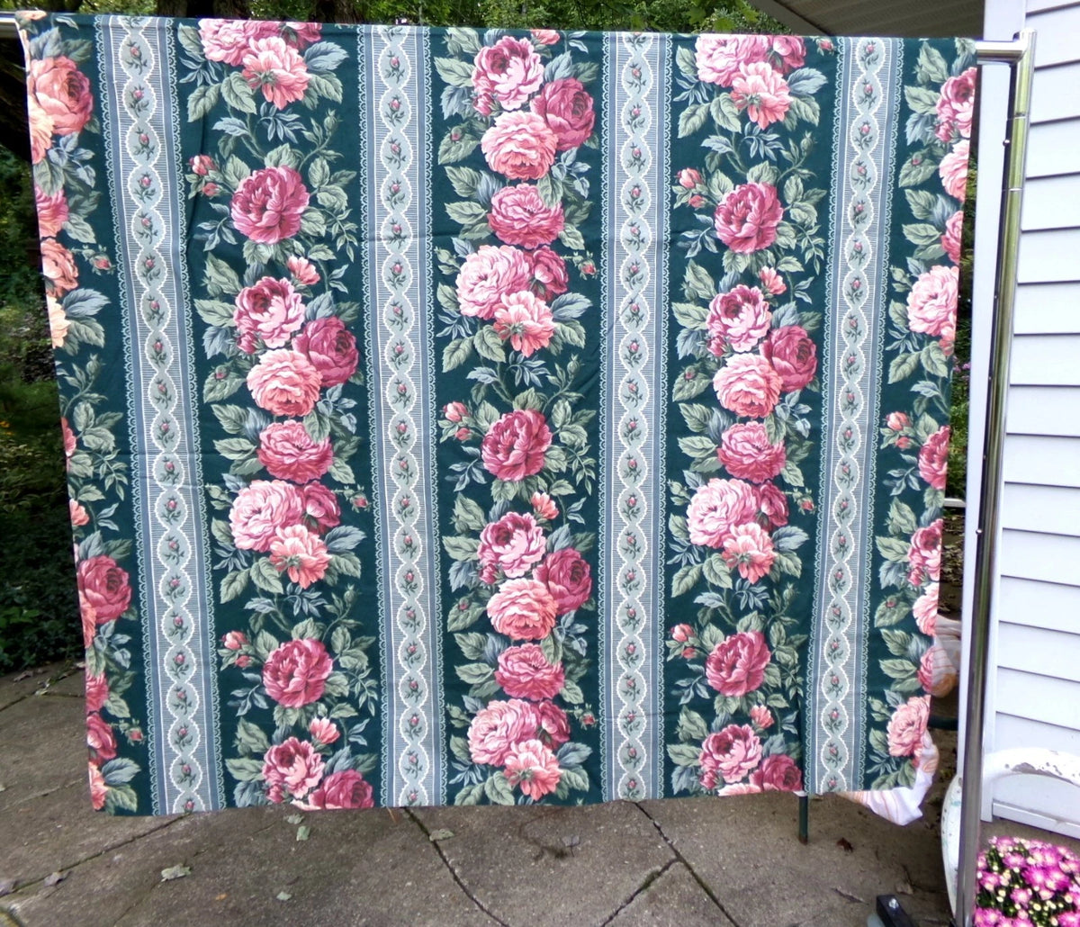 Vintage Rose Curtain Drapery Panel, Deep Green Lined SINGLE Window Drape 82"L
