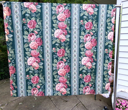 Vintage Rose Curtain Drapery Panel, Deep Green Lined SINGLE Window Drape 82"L