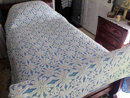 blue vintage chenille bedspread: icicle crystal white tufting, coastal cottage style full size cotton bedding