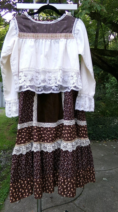 Vtg Gunne Sax Maxi Skirt Set Velvet Accent & Boho Crop Top Blouse w/ Embroidery