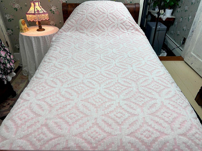 Vintage White & Pink Chenille Bedspread, Twin Size Coverlet, Accent Fringe