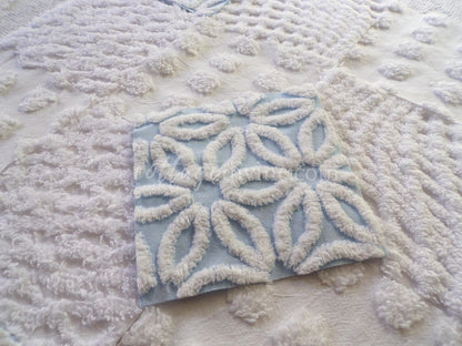 16 vintage chenille fabric squares: breezy blue & white 6" quilt blocks