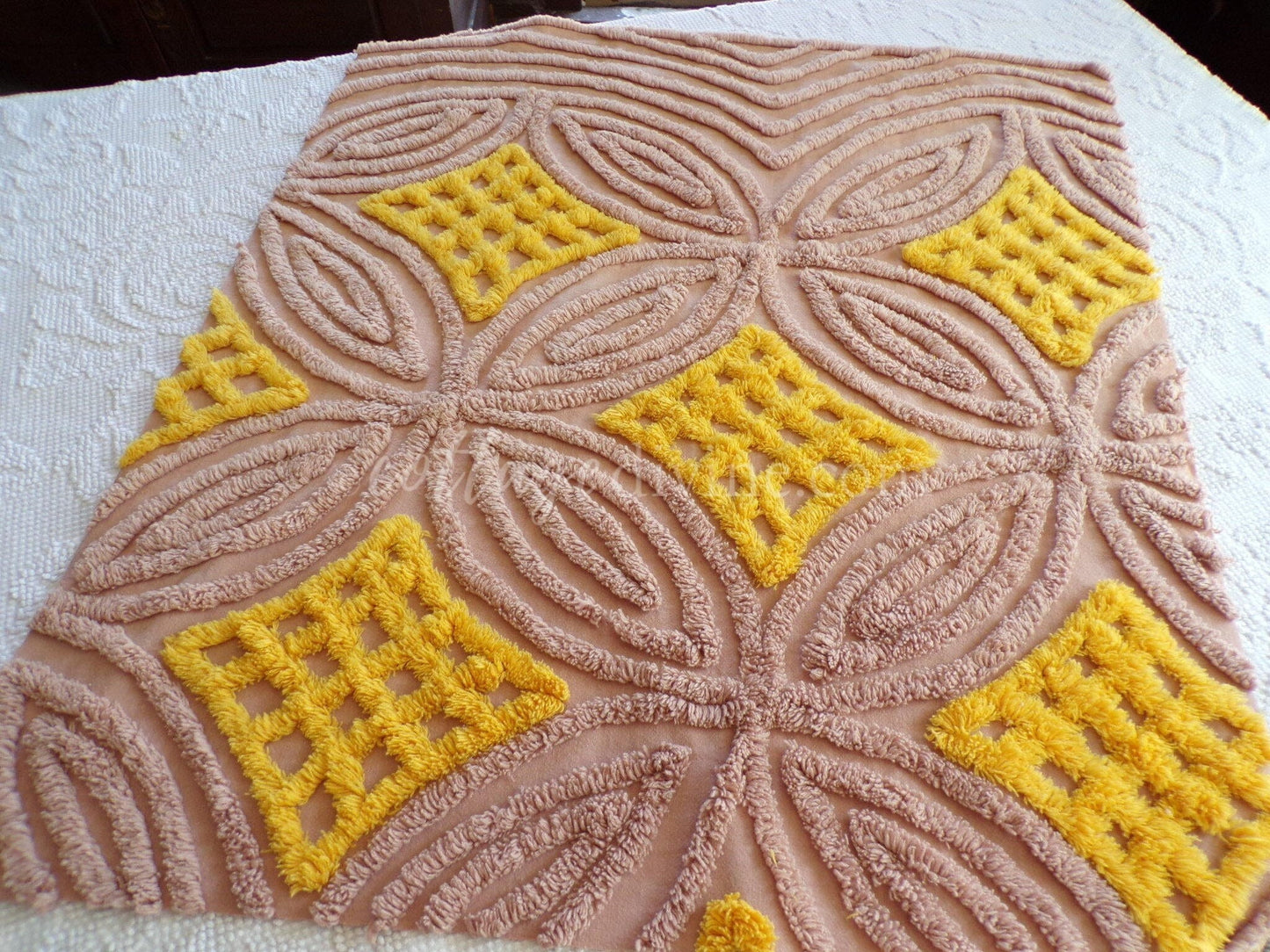 mocha sunrise vintage chenille fabric, diamond waffle tuft wedding ring design, 22" x 26" piece of quilt material for sewing & crafts