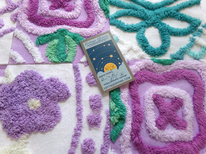 vintage chenille fabric squares: set of 16 lavender & lilacs, teal white cotton 6" quilt blocks