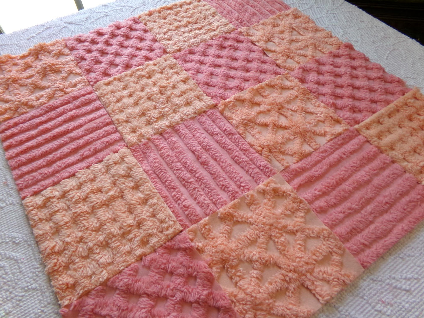 peach sorbet vintage chenille fabric squares, set of 16 plush soft tufted 6" quilt blocks