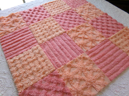 peach sorbet vintage chenille fabric squares, set of 16 plush soft tufted 6" quilt blocks