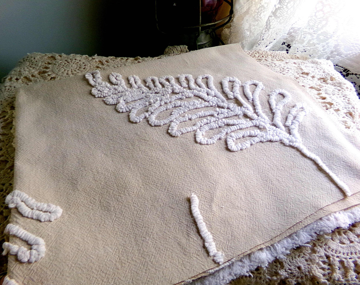 falling leaves vintage chenille fabric, 24" x 21" inch piece, simple shabby needletuft large leaf design on mocha cotton