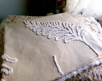 falling leaves vintage chenille fabric, 24" x 21" inch piece, simple shabby needletuft large leaf design on mocha cotton