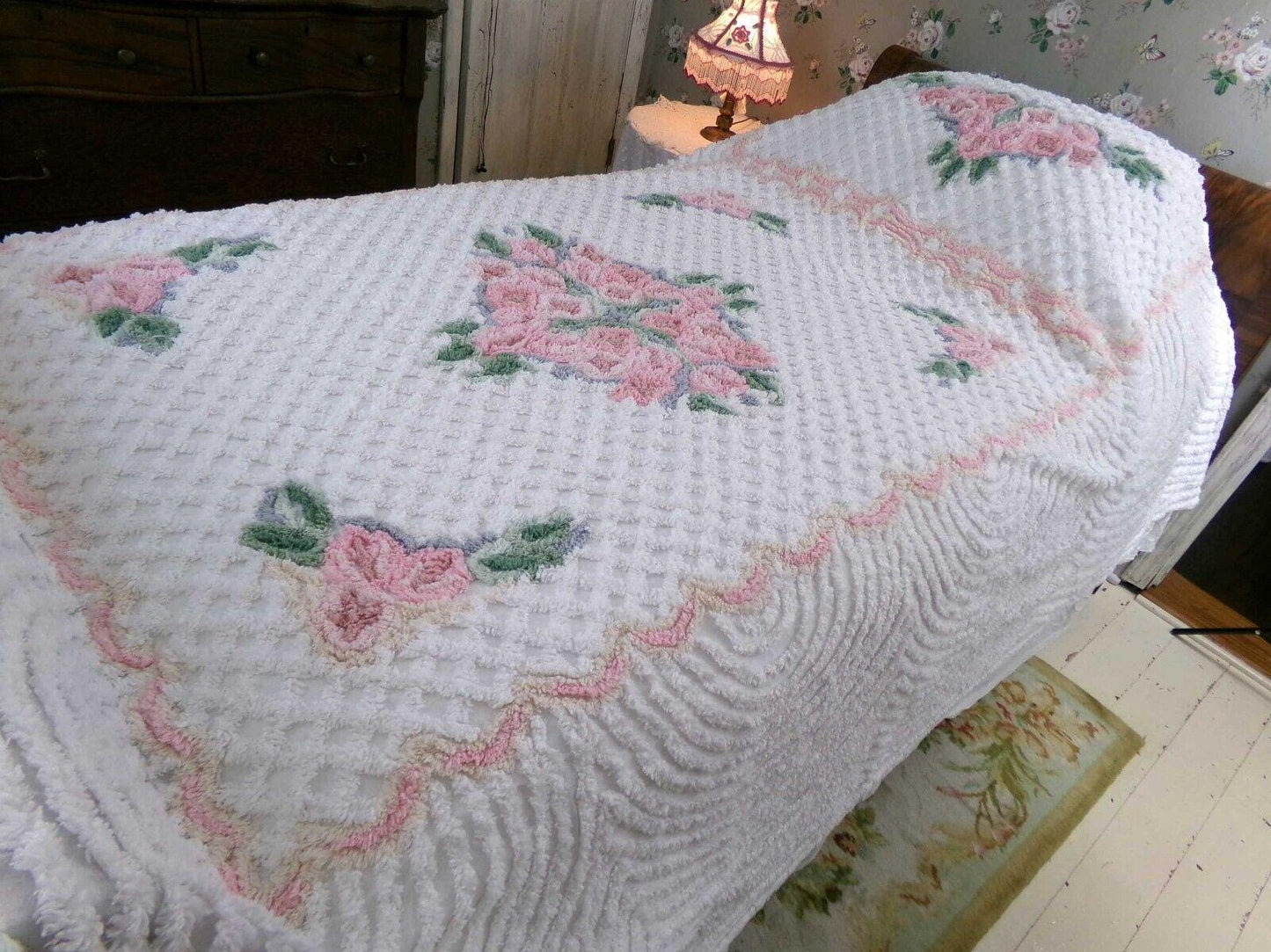 Plush Luxury Pink Rose Vintage White Chenille Bedspread, 100% Cotton, Twin Size