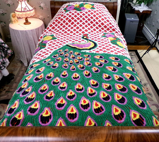 Vintage Chenille Bedspread Sprawling Red Peacock, Green Feathers & White Lattice, Full