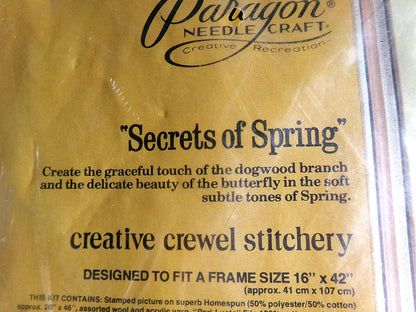SECRETS of SPRING Crewel Embroidery Kit, HUGE Butterfly & Flowers Wall Hanging, Vintage Paragon Retro Hippie Stitchery, # 0629, Georgia Ball