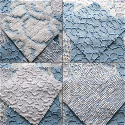 seaside wanderings chenille fabric squares, 16 vintage 6" quilt blocks in coastal blue & white, for sewing, crafts, fiber arts