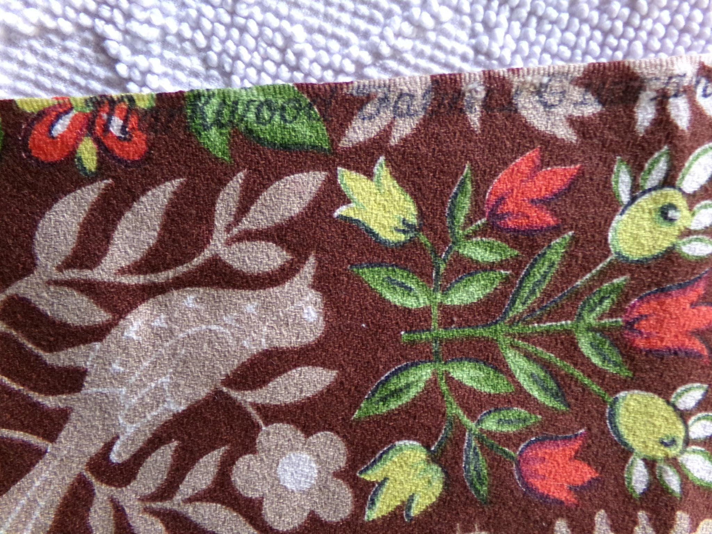 vintage barkcloth fabric in dutch country colonial style shadow print with people, hearts, birds, apple trees, houses, 16" x 22" inch piece