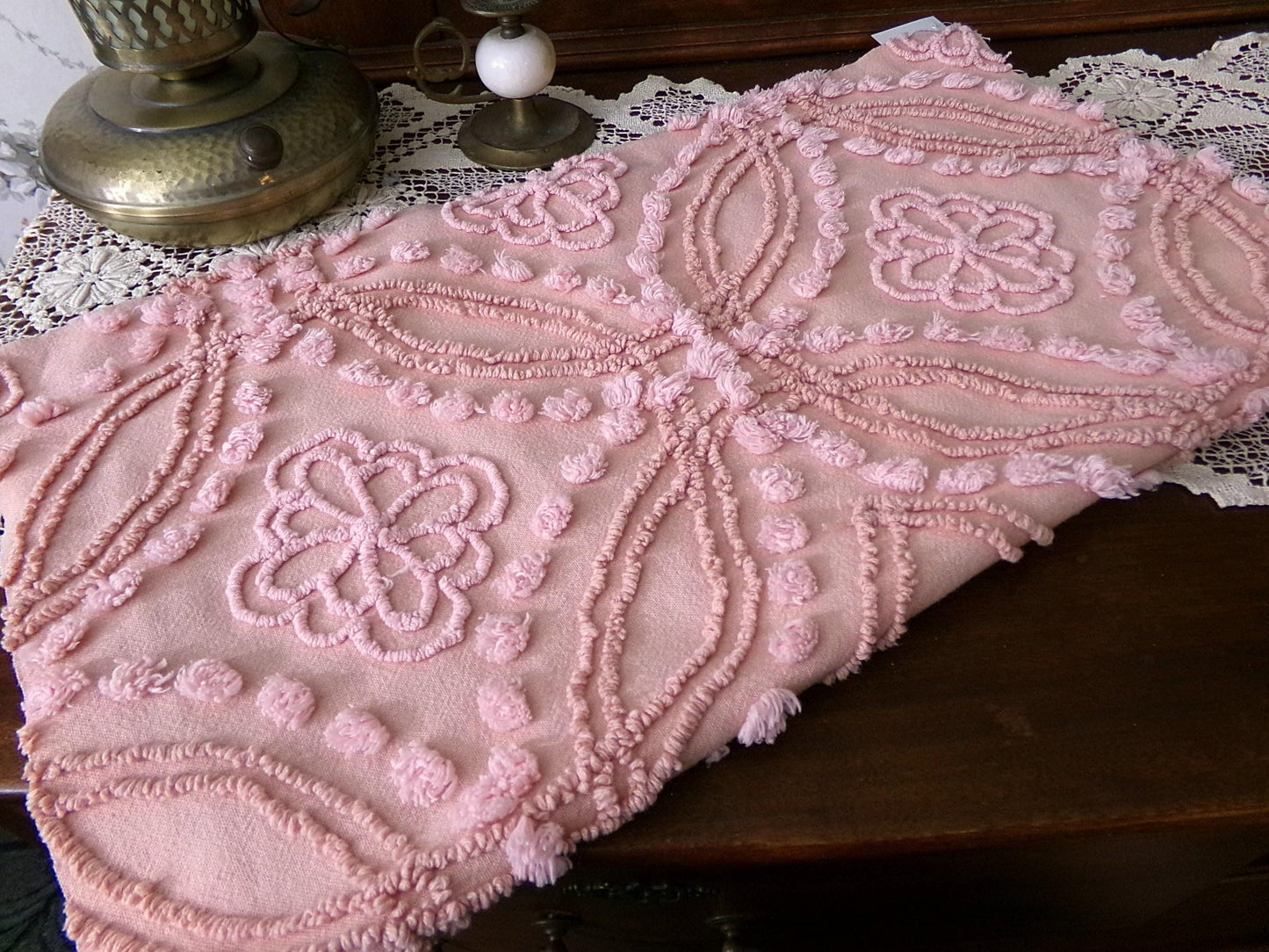 Shabby Cottage Style Vintage Chenille Fabric, geometric floral design, sewing craft quilt material 25" x 21" piece