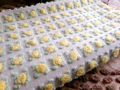 yellow rosebud vintage chenille fabric, lemon tufted rose sewing quilt material 18x24"