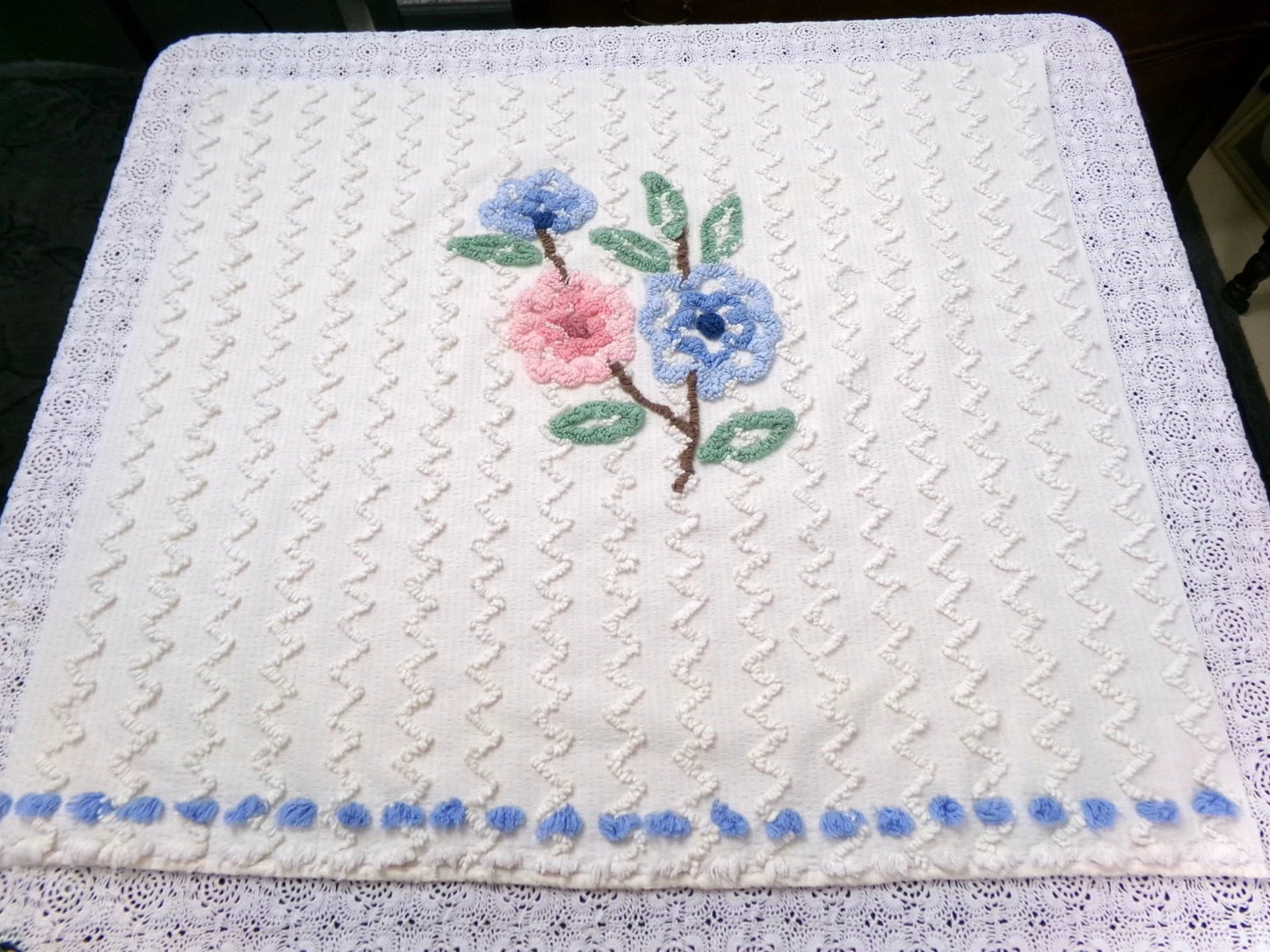 Vtg Chenille Bedspread Fabric Floral Seersucker Zig Zag 24x28" Sewing Material
