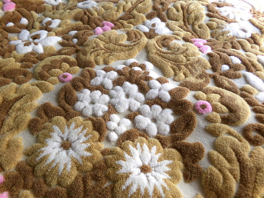 lux caramel chocolate cut velvet fabric, vintage Bates tapestry chenille, 12" x 21" inch piece, ideal sewing material for bags