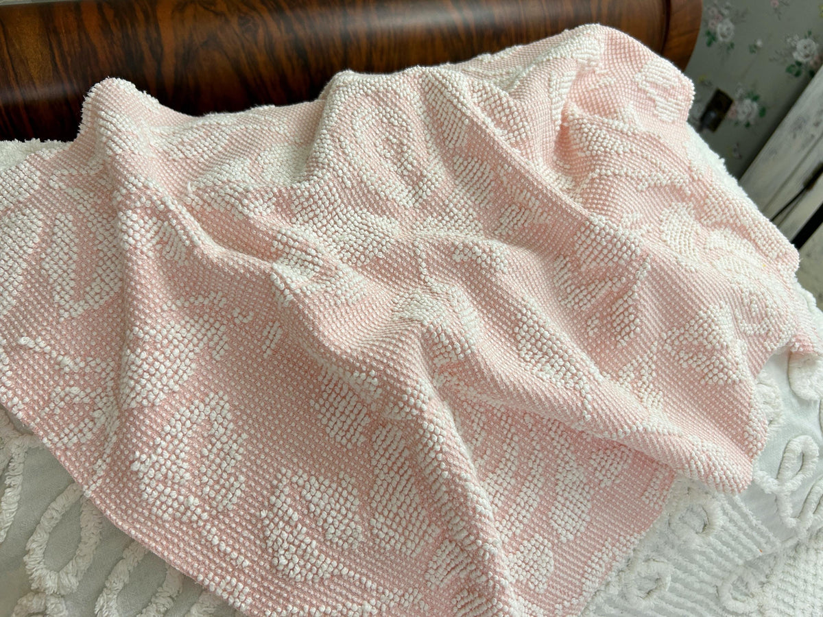 Pink Rose Vintage Chenille Fabric Piece Hobnail Cabbage Rose Reversible Shadow 18x24"
