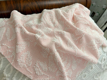Pink Rose Vintage Chenille Fabric Piece Hobnail Cabbage Rose Reversible Shadow 18x24"