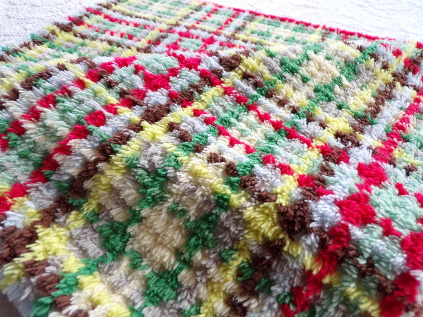 brightly colored vintage chenille fabric in retro rustic plaid design, 20" x 24" inch piece of quilt material for sewing & crafts