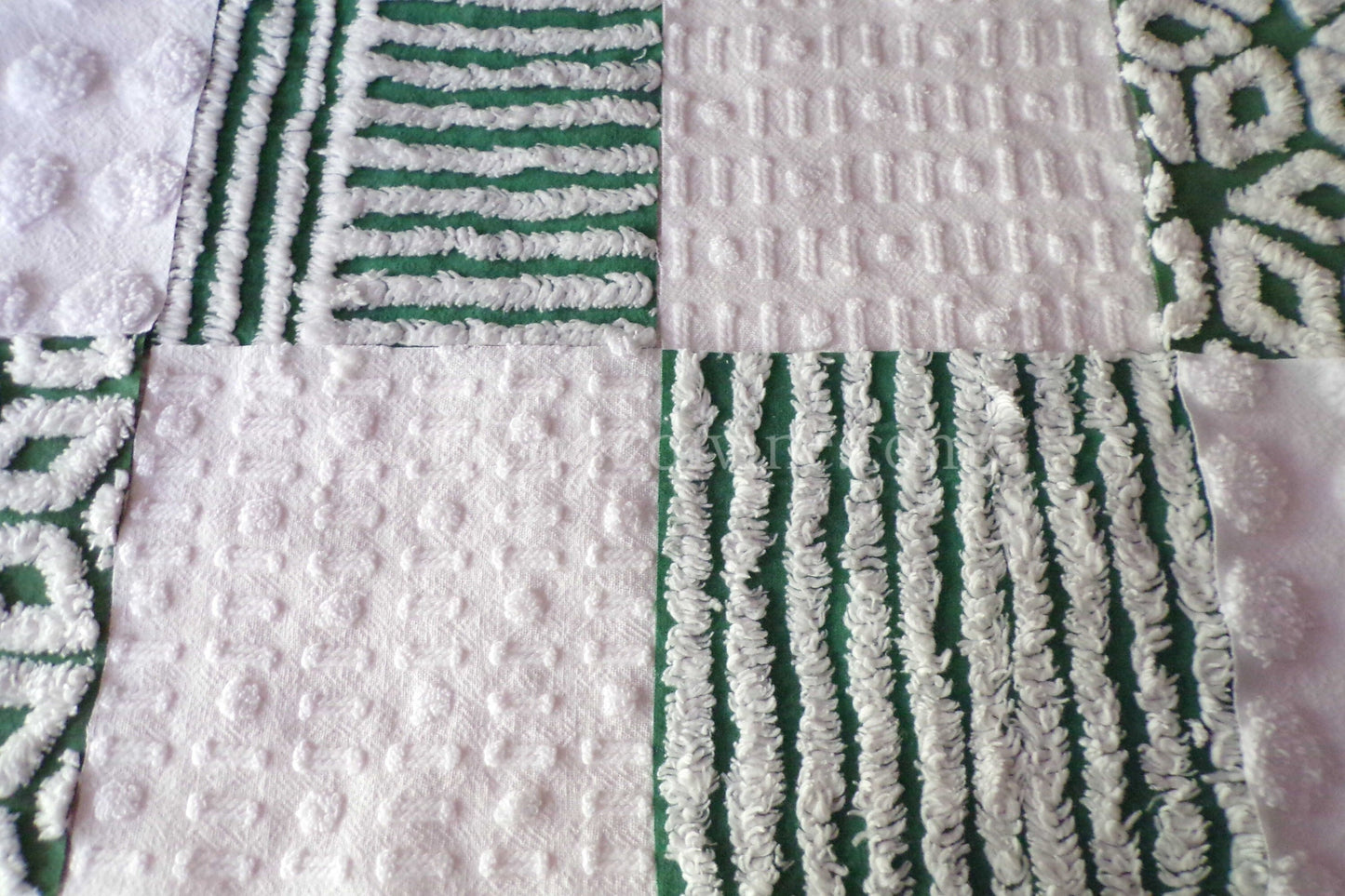 First Snowfall Quilt Squares Set, from Vintage Chenille Bedspread Fabric, 16 Blocks, 6" x 6" inch, Evergreen & White