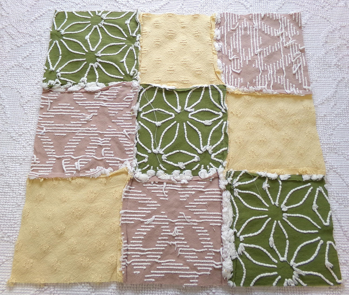 Vintage Patchwork Chenille Fabric Craft Panel - Hippie Boho Style 16" square ideal for Pillows, Quilting, Wall Hangings