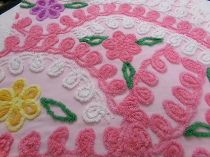 Pink Floral Vintage Chenille Bedspread Fabric, shabby cottage sewing craft quilt material, 20" x 24" piece