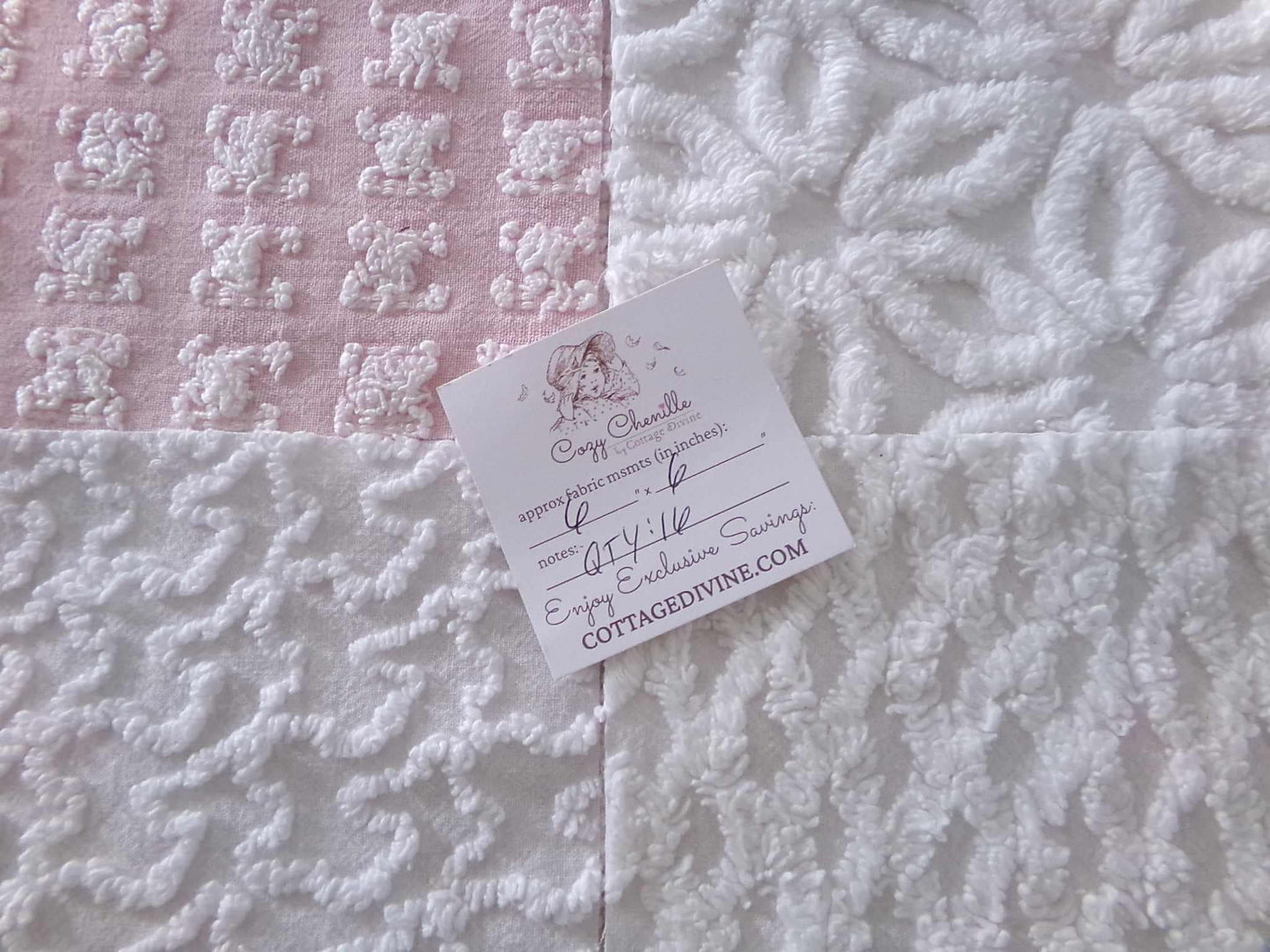 angelic vintage chenille fabric squares, set of 16 quilt blocks 6" each pink & white