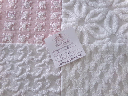 angelic vintage chenille fabric squares, set of 16 quilt blocks 6" each pink & white