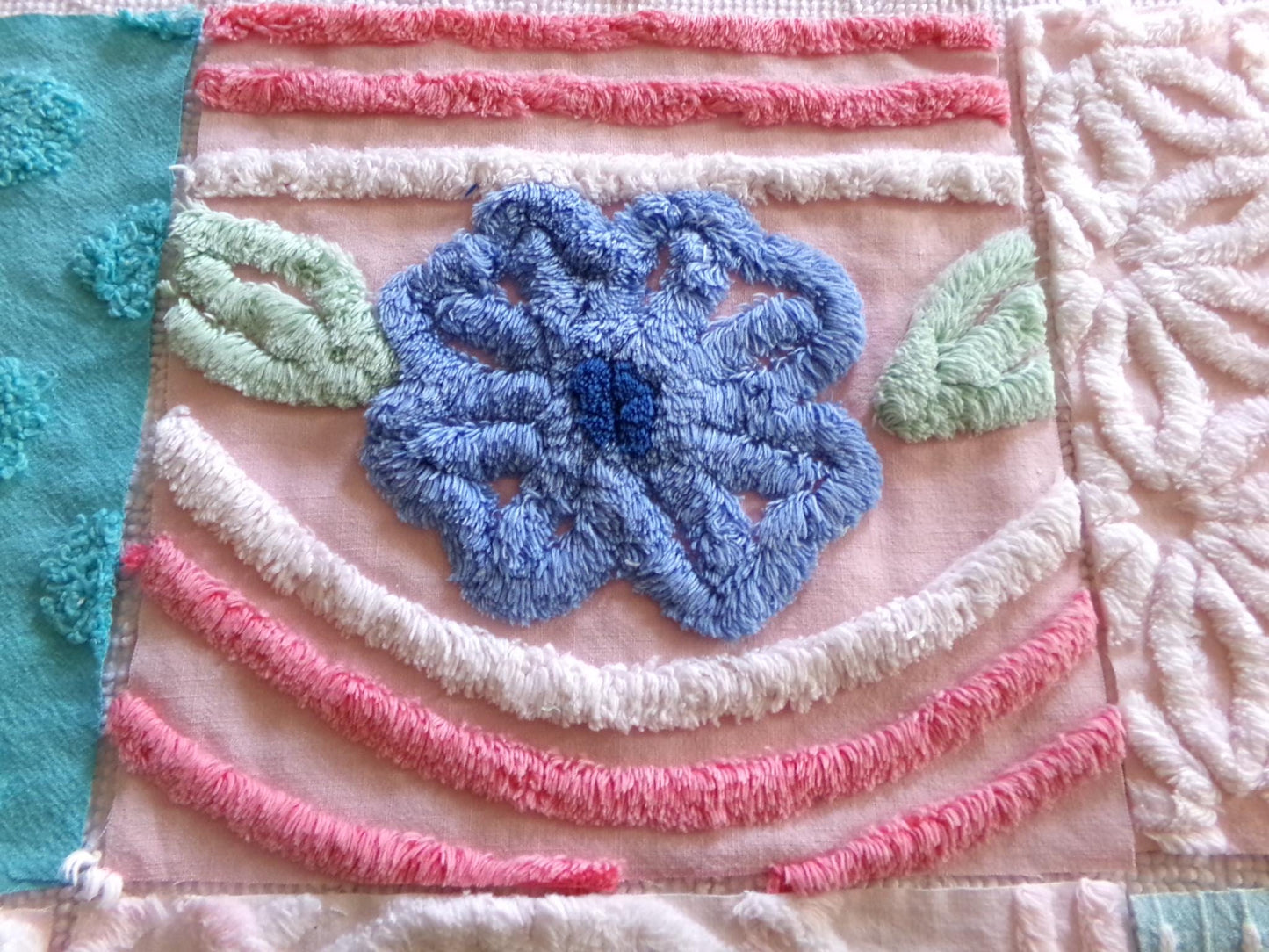 chenille fabric squares, set of 6 large 9.5" square quilt blocks from vintage chenille bedspreads, pretty daisy, plush floral, dots