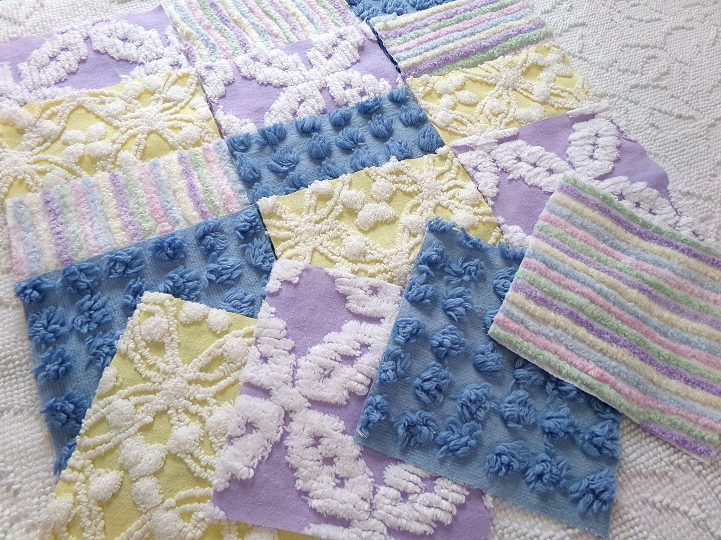 over the rainbow chenille fabric squares, set of 16 vintage quilt blocks 6" inches ea, dreamy serene blue, sunny yellow, soft lilac
