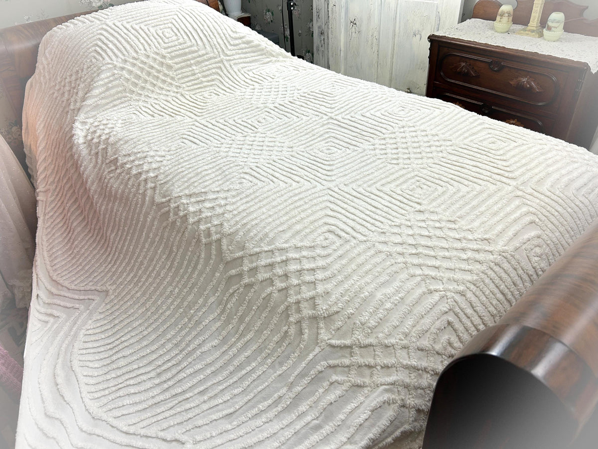 Quietly Bold Vintage Chenille Bedspread, Nested Squares & Diamonds, Full Size
