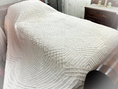Quietly Bold Vintage Chenille Bedspread, Nested Squares & Diamonds, Full Size