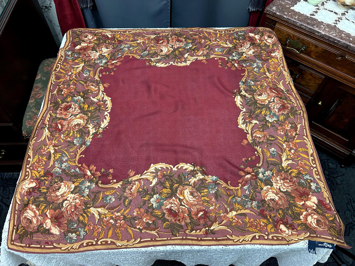 Vintage Ralph Lauren Silk Scarf Burgundy Wine Rose Floral Baroque Scroll Border