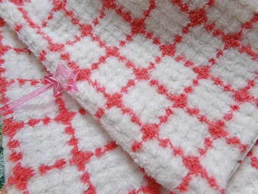 vintage chenille bedspread fabric, small red & white plaid pattern, 19" x 24" cut piece for xmas stockings, Christmas quilts