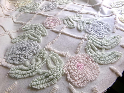 Vintage Chenille Fabric Pastel Spring Floral Wreaths on Antique Cream Cotton, 20" x 24" piece