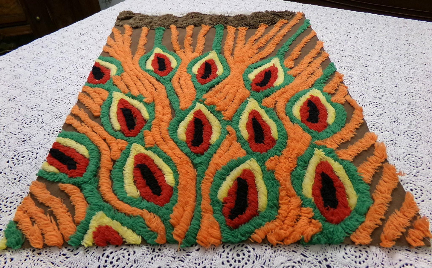 flame feathers vintage chenille bedspread fabric boho peacock plumes brown orange 14x20"