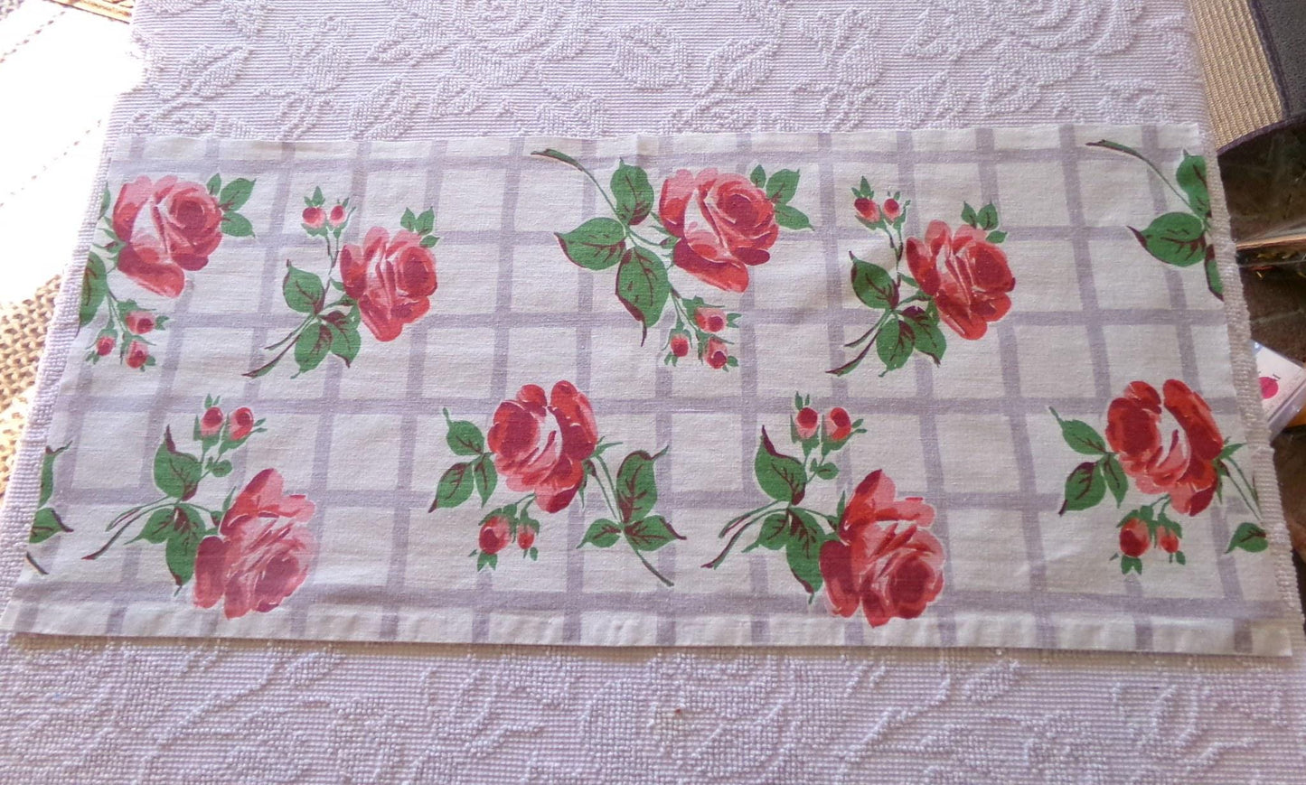 Red Roses Lattice Vintage Fabric Piece, Midcentury Style 14" x 31" inches for sewing material, upcycling