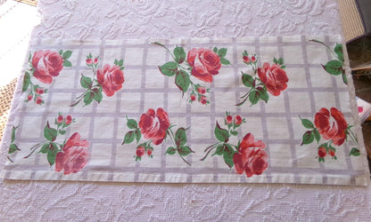 Red Roses Lattice Vintage Fabric Piece, Midcentury Style 14" x 31" inches for sewing material, upcycling