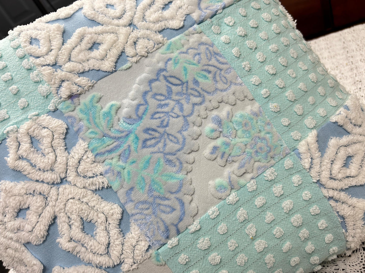 Vintage Velvet & Chenille Pillow Cover, 16" Square Reversible Coastal Patchwork Design
