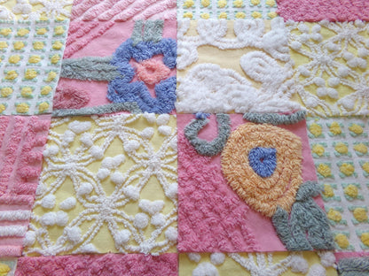 vintage chenille fabric squares, "buttercup baby" set of 16 floral 6" quilt blocks in colorful pink & yellow, for quilting, crafts, sewing