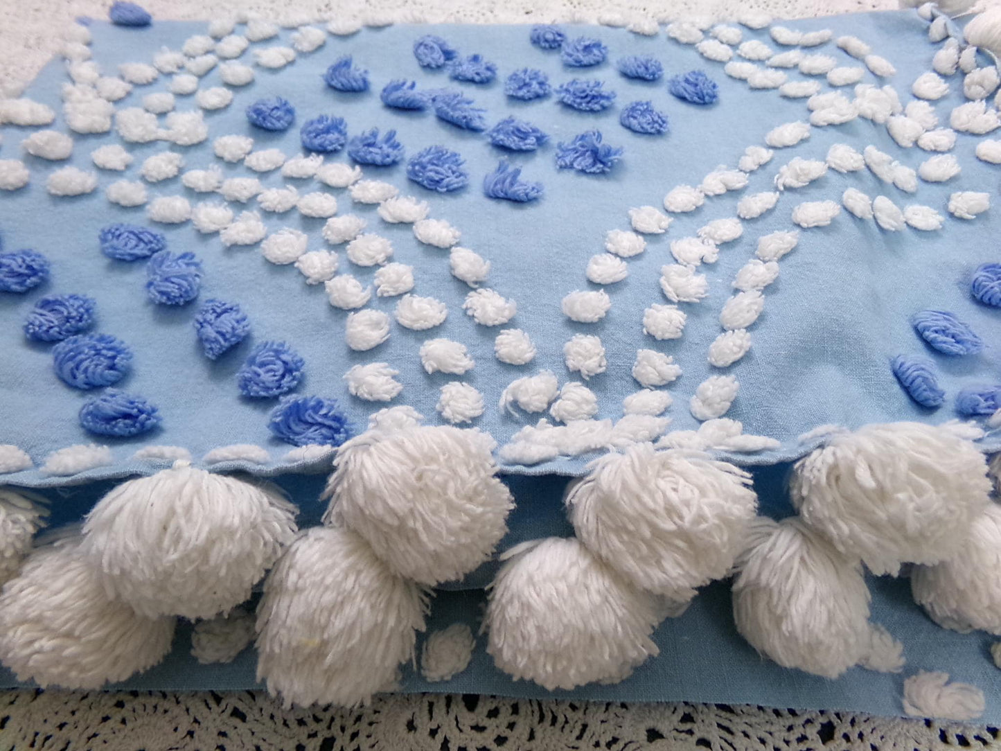 Mermaid Tails Vintage Chenille Bedspread Fabric Blue & White Piece 19x27"