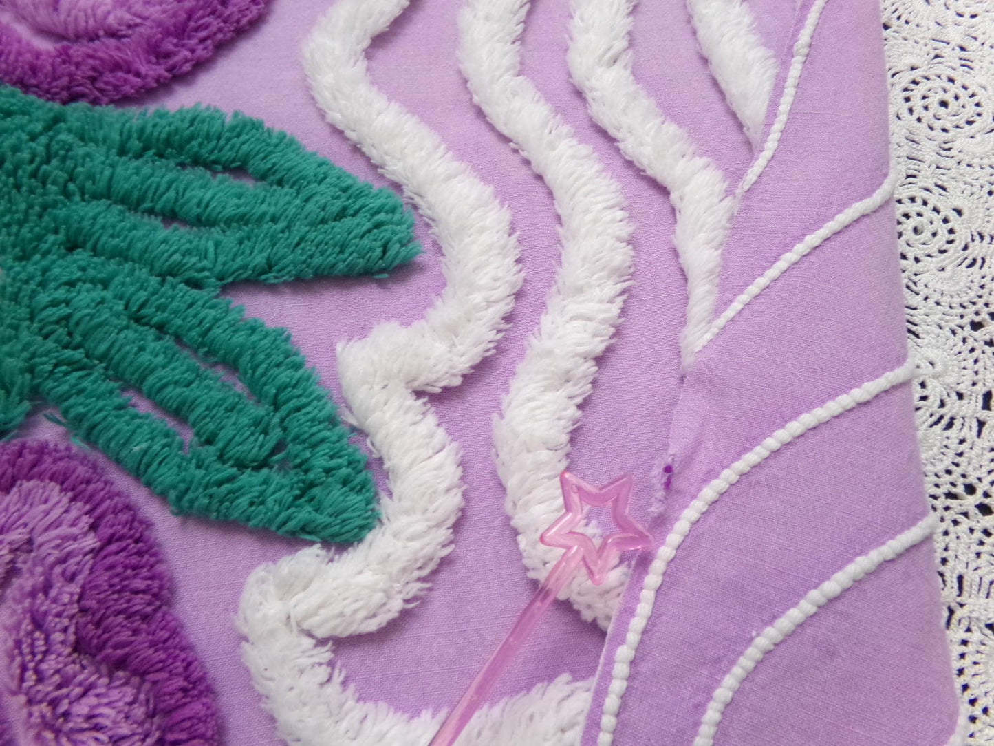 Violet Roses Vintage Chenille Bedspread Fabric 16x32" Sweeping White Waves