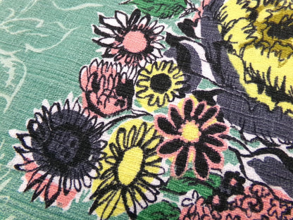 Vintage Green Floral Barkcloth Fabric Panel, Tonal Rose Shadow Leaf Design 21"x20.5"