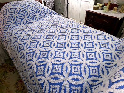 coastal cottage blue vintage chenille bedspread, cobalt & white geometric design, 100% cotton twin size summer coverlet with fringe