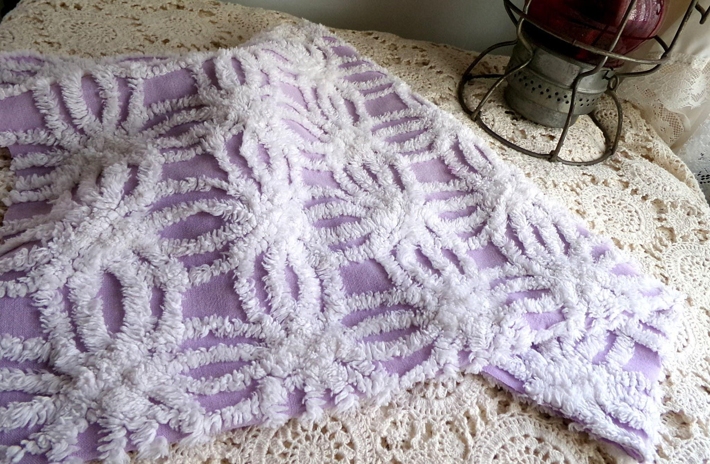 Vintage Lilac Chenille Fabric, White Spider Tufted Pattern, 18" x 24" Piece